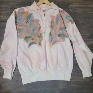 Vintage Feather Design Sweatshirt Size L/XL Multicolor Hand Painted Jeweled 80s